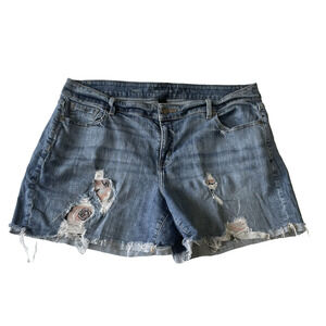 Lane Bryant Shorts Womens 20 Blue Distressed Denim Embroidered Flowers Stretch